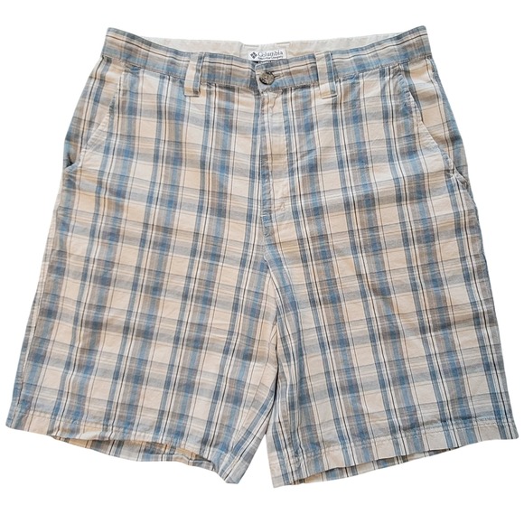 Columbia Other - Columbia Plaid Shorts Mens 34 Blue Tan Cotton Hiking, Outdoor, Summer‎ AM4472